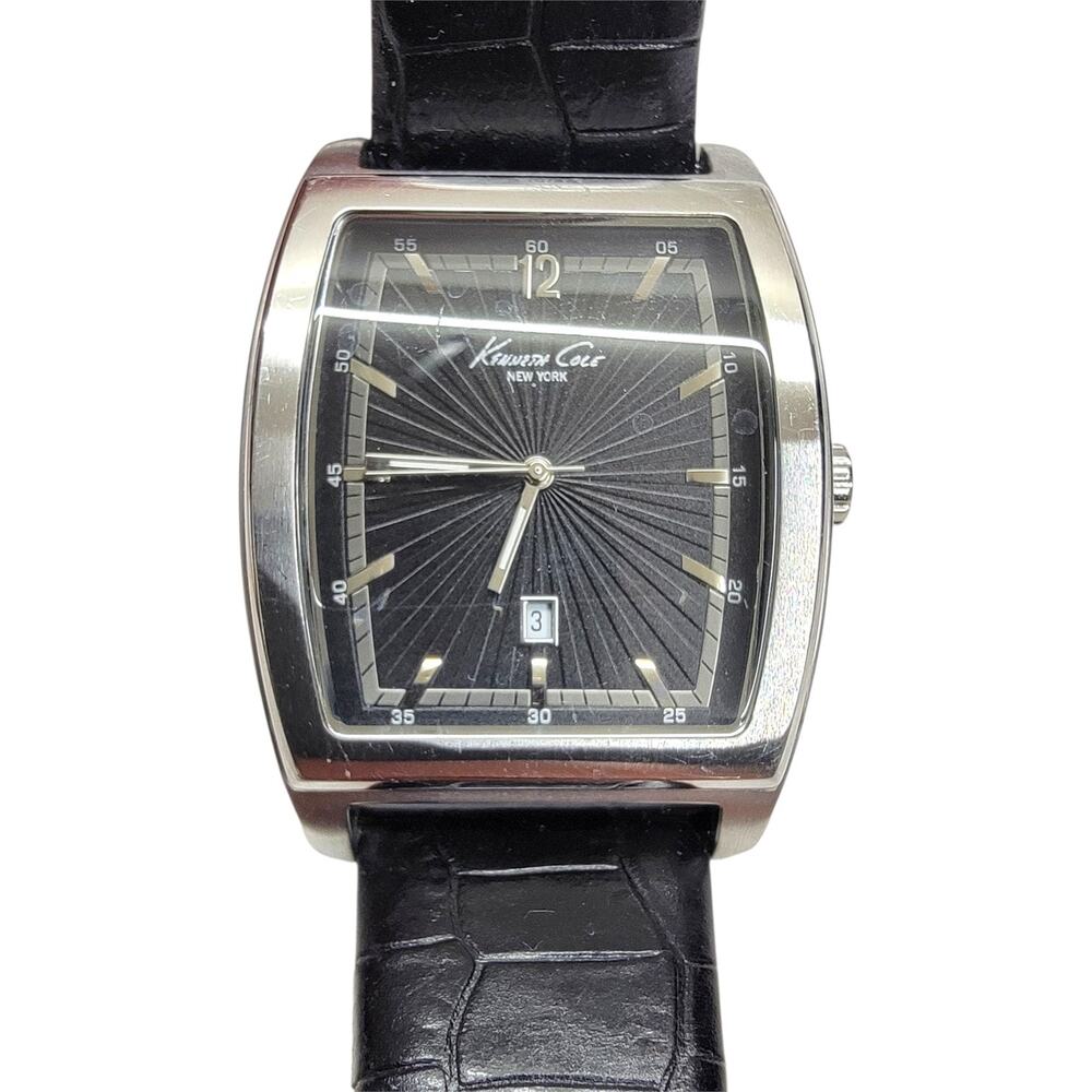 Kenneth Cole New York Mens Watch KC1821 Black Leather Sunburst Tonneau Date